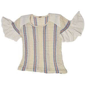 Free People Babes Only Striped Open Knit Crochet Top-Short Bell Sleeves Medium